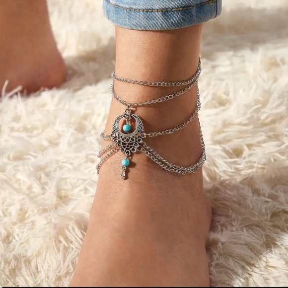 New & Unique Silver Anklet Multi-layer with Turquoise Beads - Picture 2 of 11